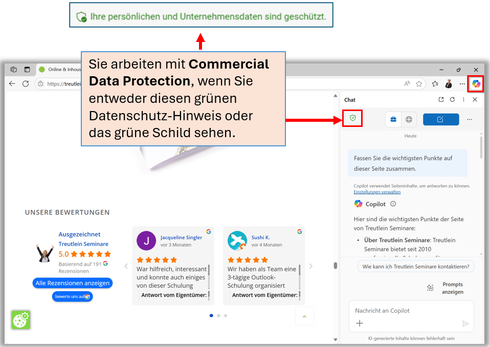 Darstellung von Microsoft Copilot im Unternehmenseinsatz mit Fokus auf Datenschutz und Sicherheit.