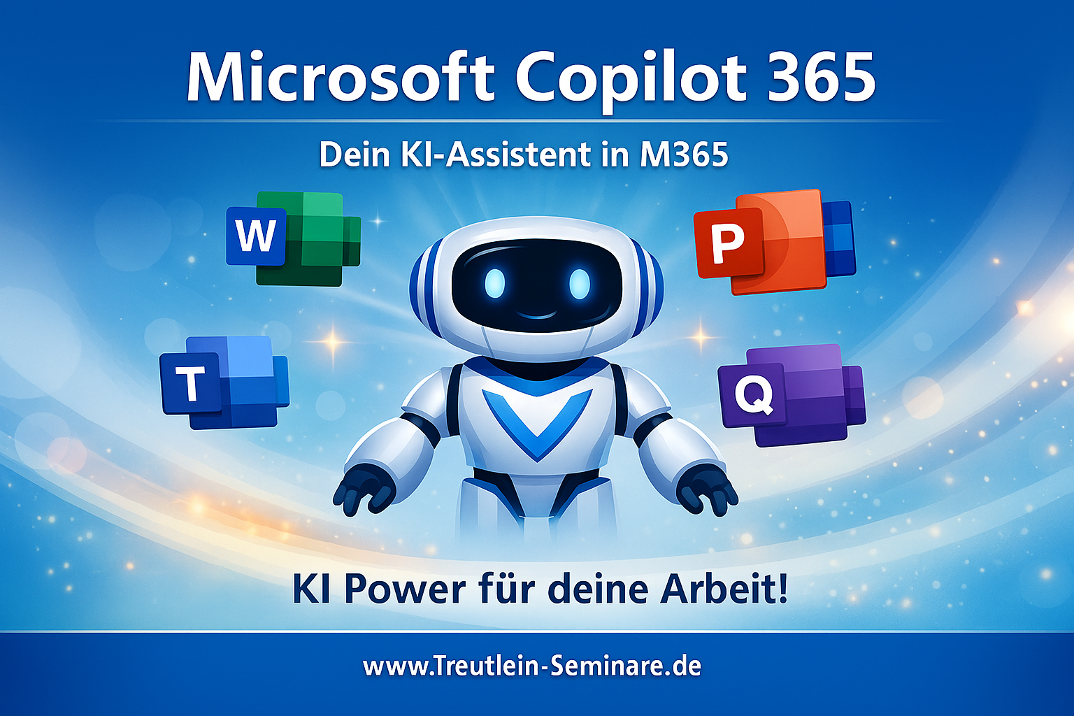 Illustration eines freundlichen KI‑Roboters mit Microsoft‑365‑Symbolen für Word, PowerPoint, Teams und OneNote, mit dem Titel Microsoft Copilot 365 – Dein KI‑Assistent in M365.