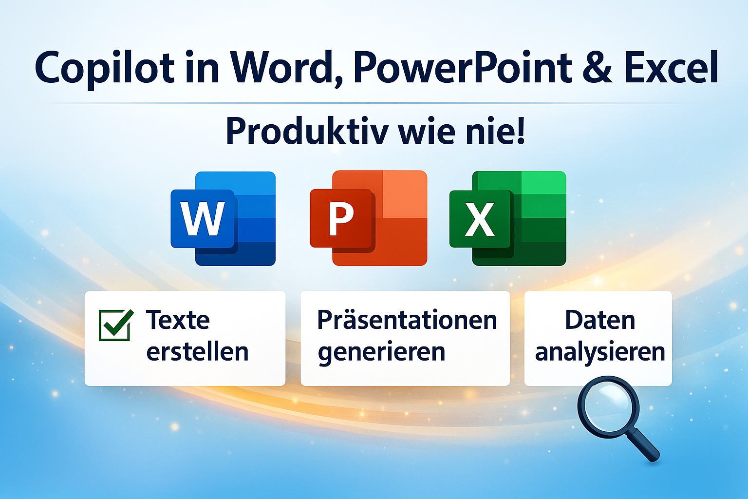 Grafik zu Microsoft Copilot in Word, PowerPoint und Excel mit Symbolen der drei Apps und Hinweisen zu Texten erstellen, Präsentationen generieren und Daten analysieren.