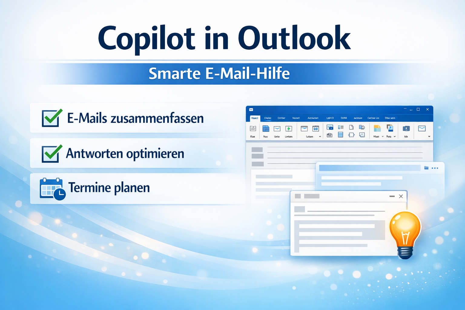 Grafik zu Microsoft Copilot in Outlook mit Funktionen wie E‑Mails zusammenfassen, Antworten optimieren und Termine planen.