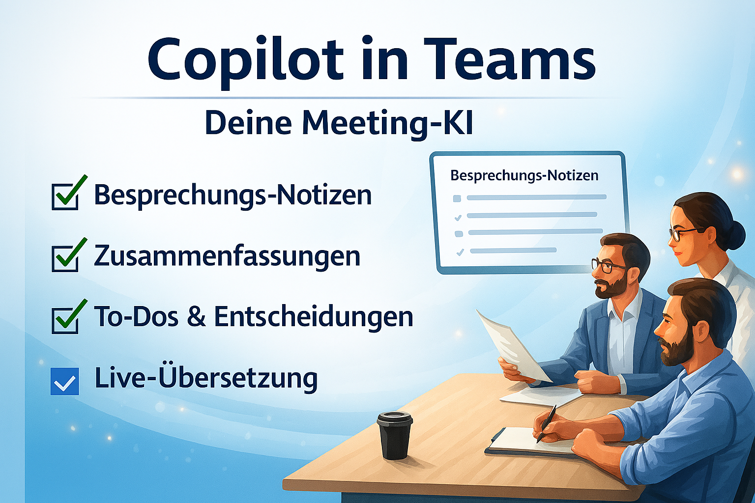 Grafik zu Microsoft Copilot in Teams mit Funktionen wie Besprechungs‑Notizen, Zusammenfassungen, To‑Dos, Entscheidungen und Live‑Übersetzung.