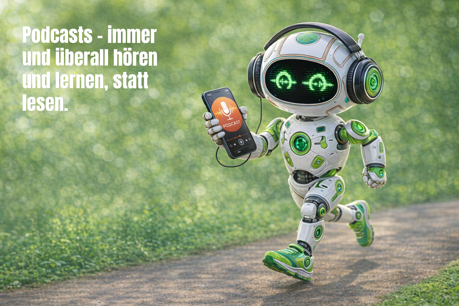Futuristischer Lern-Roboter mit Kopfhörern hört auf einem Smartphone einen Podcast – Symbol für mobiles Lernen, E‑Learning und moderne Mitarbeiterweiterbildung.