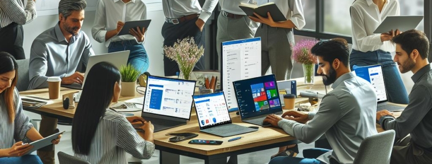 Gruppe von Menschen im Büro mit Laptops am Arbeiten, Microsoft Teams Projektmanagement und Teamarbeit mit M365, Schulung zu rojektmanagement, Projektplanung, Projektorganisation mit Teams, Projektkoordination, Projektentwicklung, Projektsteuerung Schulung