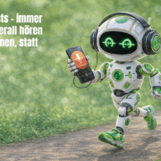 Futuristischer Lern-Roboter mit Kopfhörern hört auf einem Smartphone einen Podcast – Symbol für mobiles Lernen, E‑Learning und moderne Mitarbeiterweiterbildung.