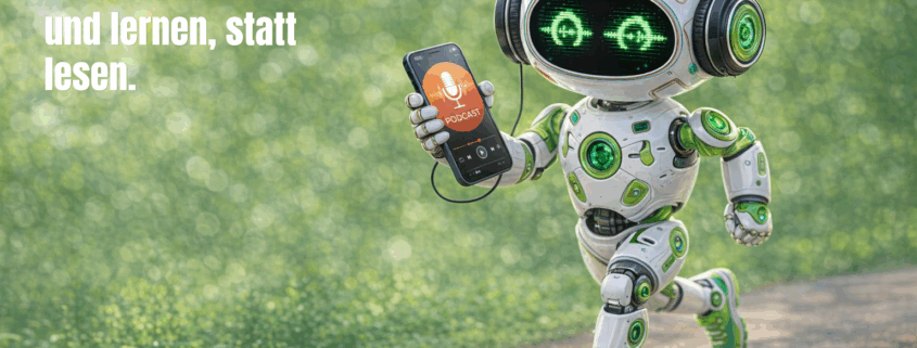 Futuristischer Lern-Roboter mit Kopfhörern hört auf einem Smartphone einen Podcast – Symbol für mobiles Lernen, E‑Learning und moderne Mitarbeiterweiterbildung.
